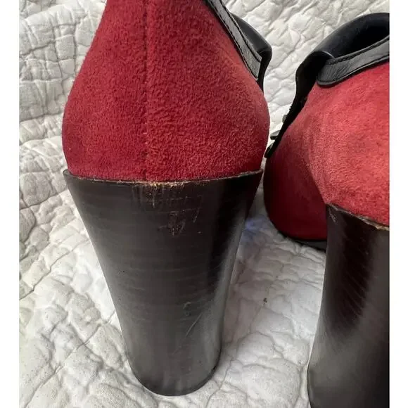 Tory Burch Red Black Suede Leather Tassel Chunky Square Toe Heels Size 7 - Picture 7 of 10